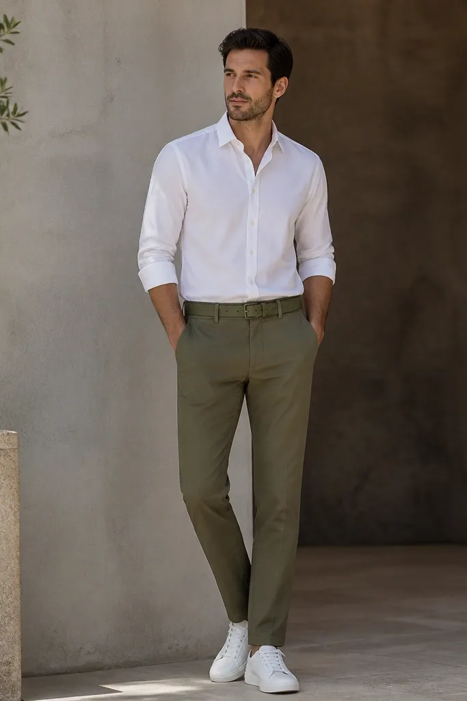 A white shirt with sleeves rolled, tucked into olive chinos. The shoes are white leather low-top sneakers with a minimal design, and there's a simple matching olive belt.