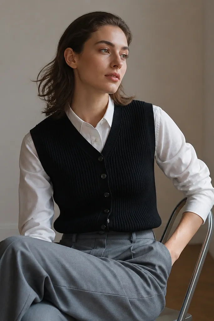 A white shirt layered with a black ribbed knit vest, tucked into medium-grey slacks. The vest is buttoned, and the shirt collar sits neatly behind the vest neckline.