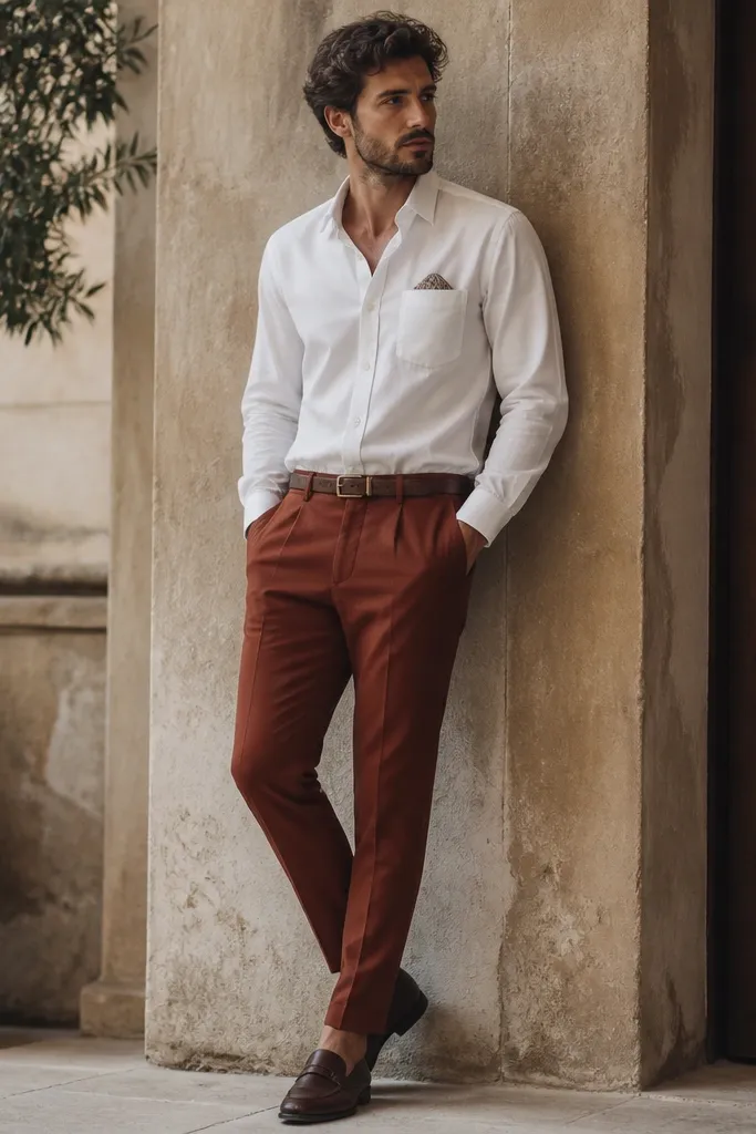A white shirt tucked into red-brown trousers with a slight taper. The shoes are dark brown loafers, and there's a belt with a medium-brown matte buckle. A pocket square sits folded in the breast pocket.