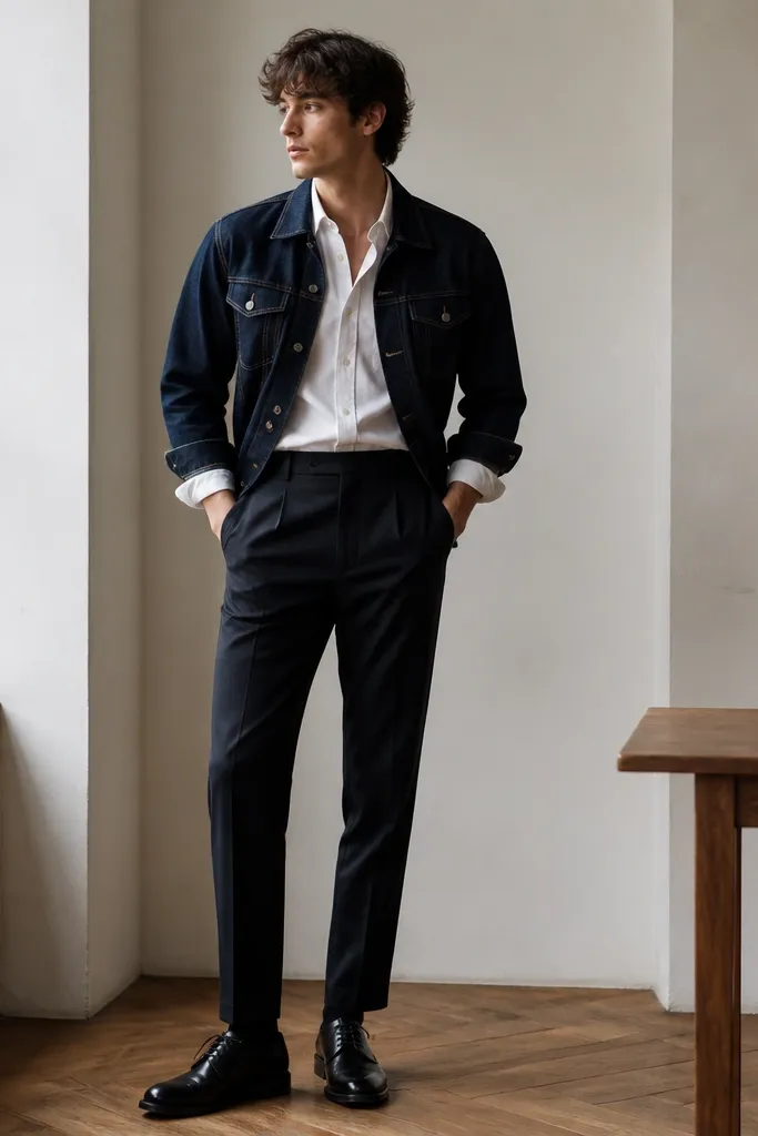 A white shirt layered under a dark indigo denim jacket, with black tailored trousers. The denim jacket is unbuttoned, and the shirt sleeves are rolled once. Black leather shoes are visible.