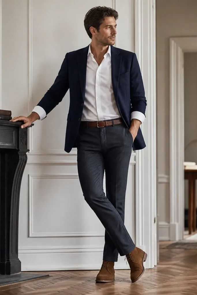 A white shirt tucked under a navy blazer. Sleeves are rolled to mid-forearm, showing a clean cuff line. Brown suede chukkas and a simple leather belt are visible.