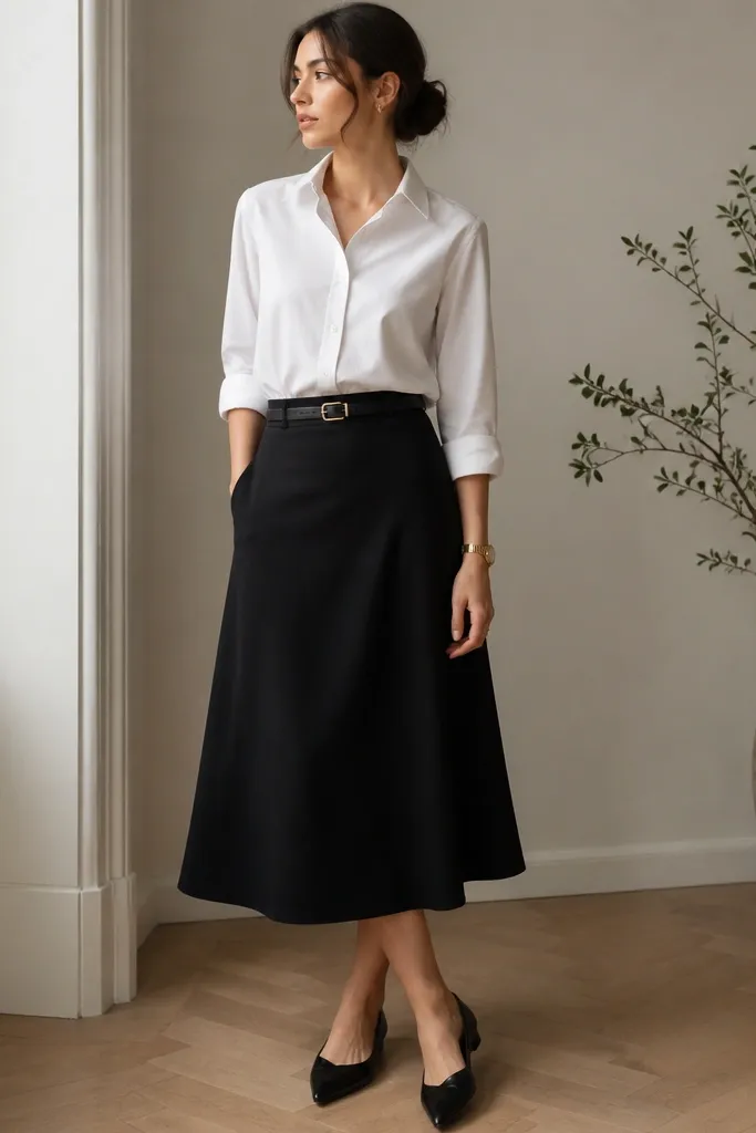 A white button-up shirt tucked into a black midi skirt with a slight A-line shape. A black leather belt cinches the waist. Pointed-toe flats in black are worn, and a small gold watch sits on the wrist.