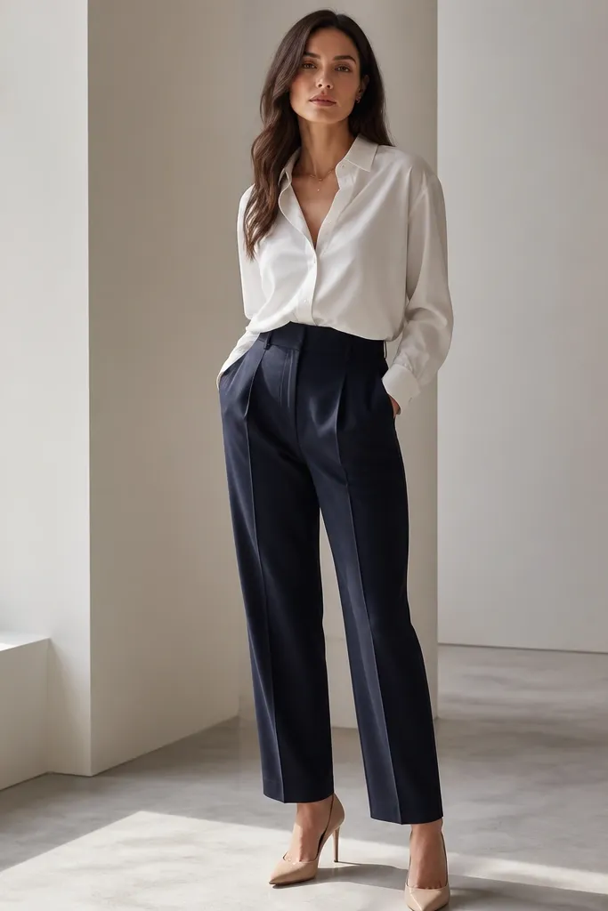 A white shirt half-tucked into high-waisted pleated trousers in deep navy. Nude heeled pumps are visible, and the shirt has sleeves down with cuffs visible. A delicate chain necklace sits at the collarbone.