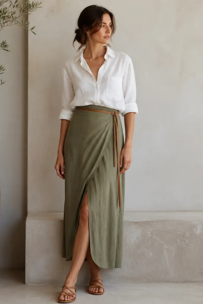 A white shirt worn with the sleeves rolled, paired with a wrap skirt in olive/tan tones. Tan leather sandals are visible, and a thin belt ties the wrap at the waist. The shirt hem is lightly tucked.