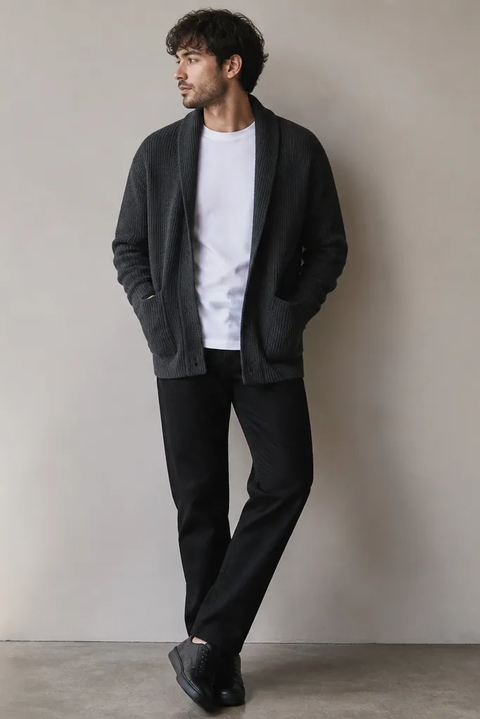 A charcoal gray shawl-collar cardigan worn open over a crisp white crew-neck tee. The pants are black straight-leg denim with a clean hem break. Shoes are matte black leather sneakers, and the look is photographed against a neutral wall with soft natural light.