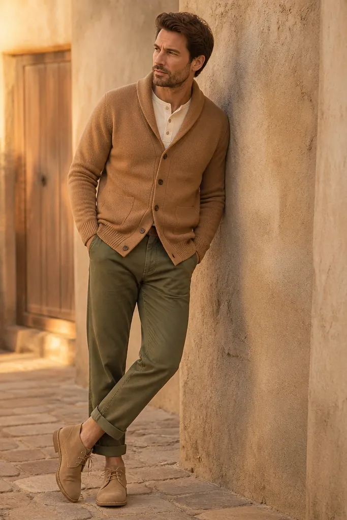 A camel/tan shawl-collar cardigan worn closed over a cream henley with visible three-button placket. Olive green jeans are slightly tapered with a cuffed hem. Shoes are tan suede desert boots. The image shows warm late-afternoon lighting.