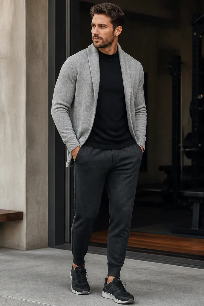 A heather gray shawl-collar cardigan worn open over a black mock-neck tee. The pants are charcoal joggers with a tapered ankle and ribbed cuff. Shoes are dark gray minimalist trainers. The background is a gym-to-street style setting.