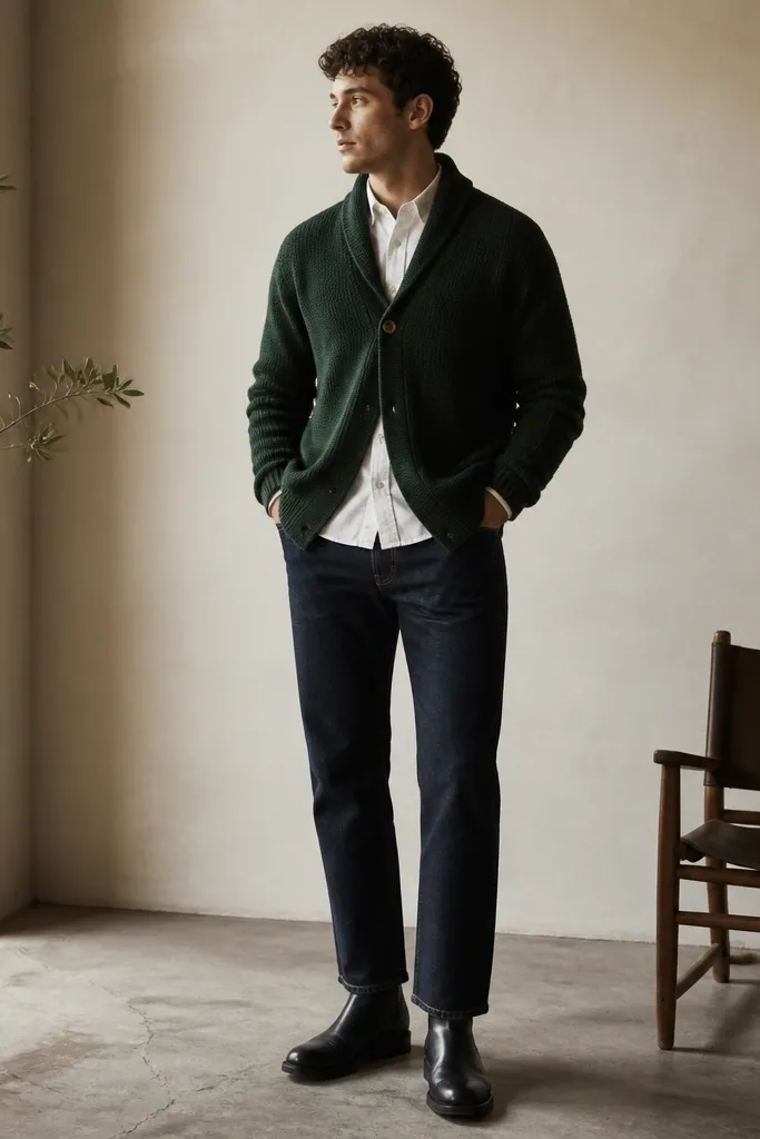 A forest green shawl-collar cardigan buttoned at the top, worn over a white short-sleeve button tee with a small collar. Dark wash jeans sit straight and slightly cropped. Shoes are black leather Chelsea boots.