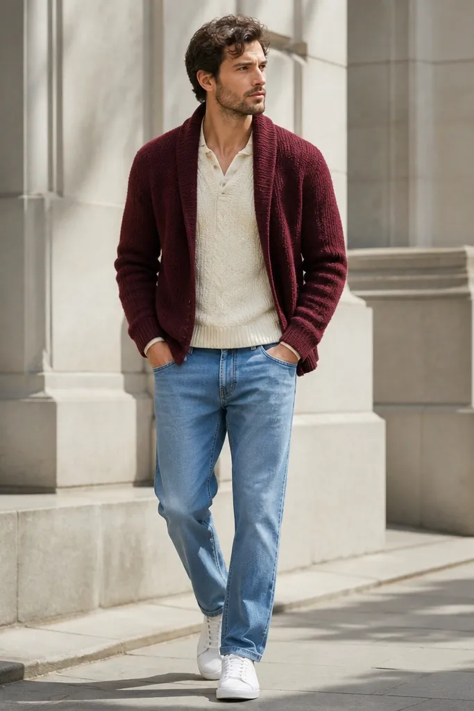 A burgundy shawl-collar cardigan worn open over a cream knit layer with a vest-like texture. Light to mid blue jeans are straight with a relaxed fit. Shoes are white leather low-top sneakers. The photo uses bright daylight.
