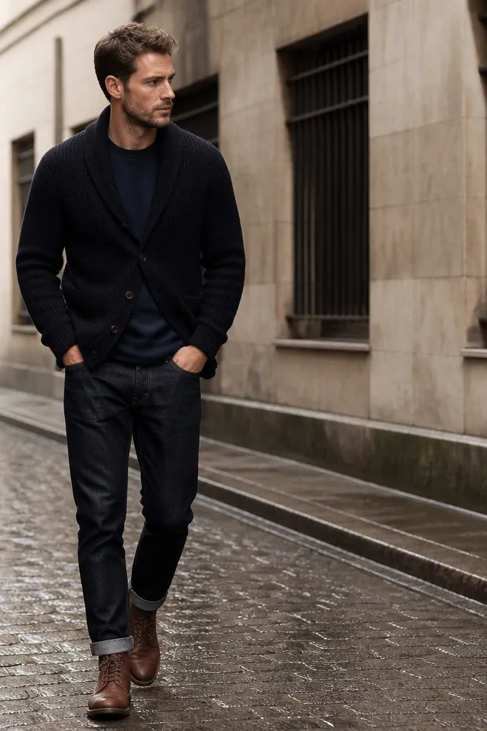 A black shawl-collar cardigan worn half-buttoned over a navy crewneck sweatshirt. The pants are dark denim, and the shoes are brown leather lace-up boots. The shot is taken in a street setting with overcast light.