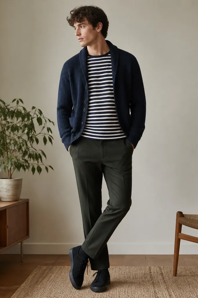 A navy shawl-collar cardigan worn open over a navy-and-white striped tee. The pants are dark olive trousers with a slight taper. Shoes are black suede sneakers. The image shows a casual indoor setting with soft shadows.