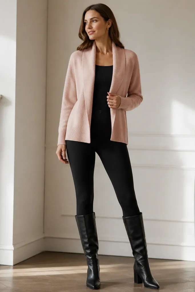 A blush pink shawl-collar cardigan worn over a simple black fitted top. Black leggings are smooth and high-waisted. Tall black boots reach mid-calf. The framing shows the cardigan hem hitting at the hip.