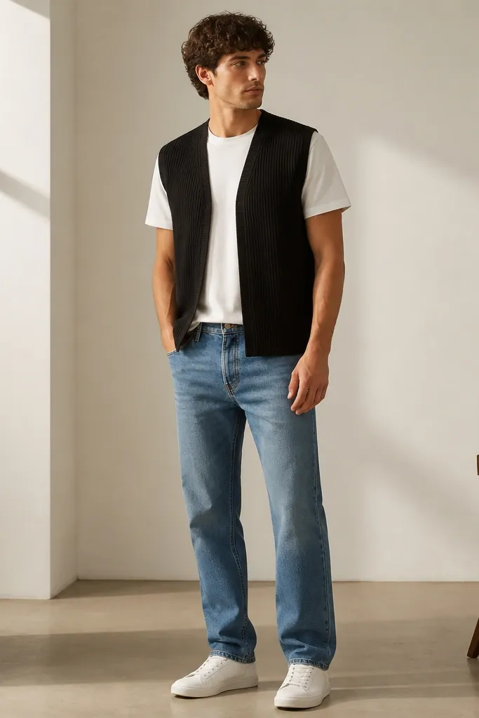 A black sleeveless ribbed cardigan worn open over a plain white crew-neck T-shirt, paired with medium-wash straight-leg jeans and white low-top sneakers. The image shows clean armholes and a cardigan length that hits around the upper hip.