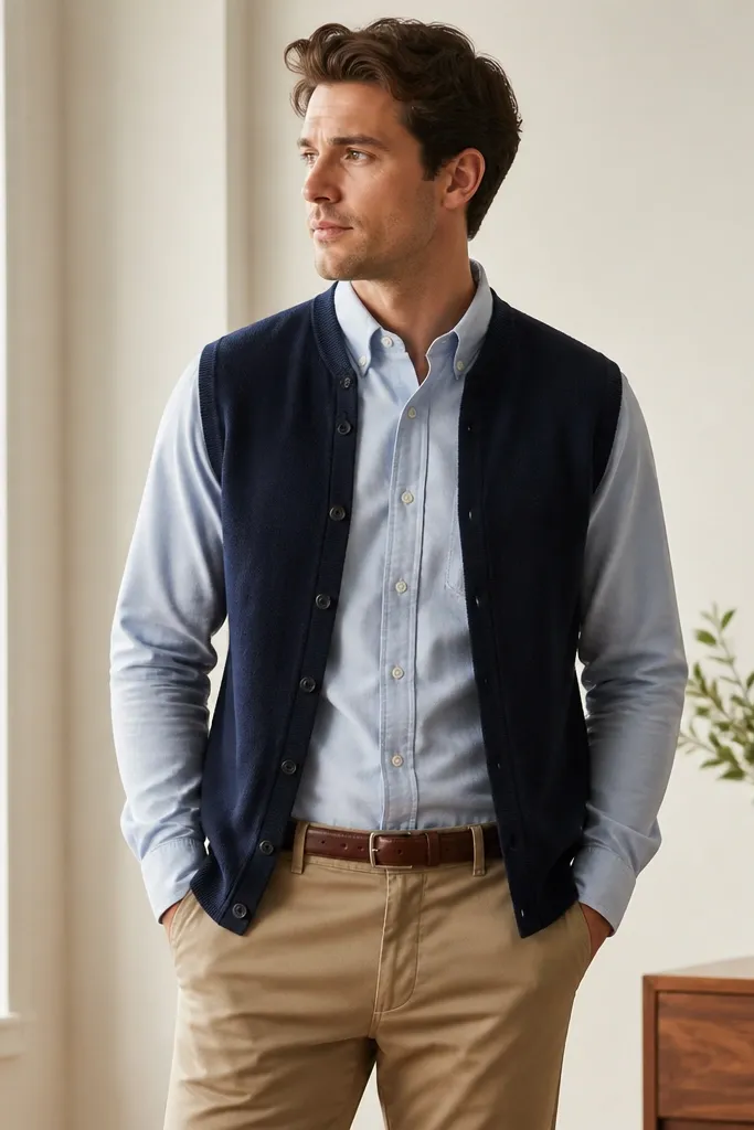 A navy sleeveless cardigan worn open over a light blue Oxford button-down, with the collar visible. The person wears tan chinos and a simple leather belt, standing in a bright indoor setting.