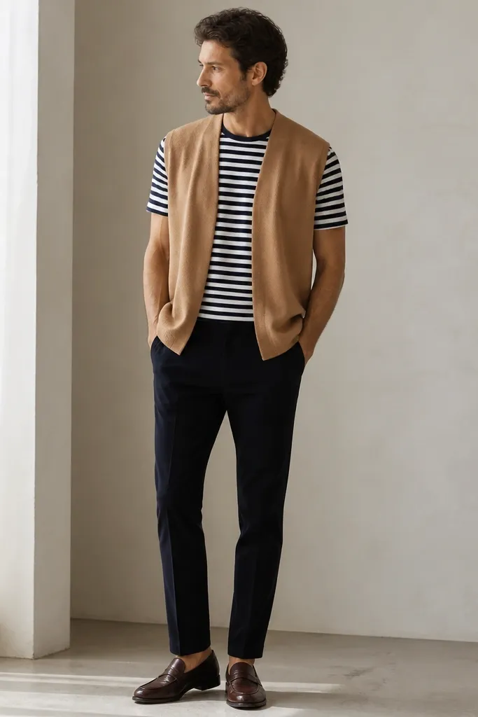 A camel sleeveless cardigan open in front over a navy-and-white striped T-shirt. The outfit is paired with dark slim trousers and dark brown loafers, with the stripes clearly visible at the neckline and chest.