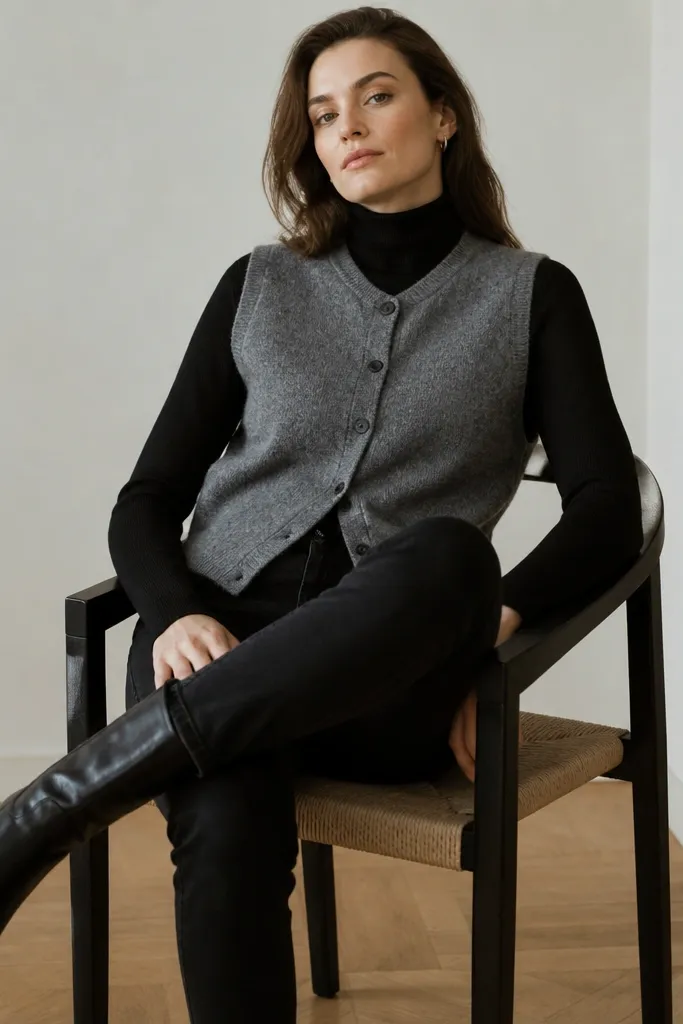 A heather grey sleeveless cardigan worn closed or nearly closed over a fitted black turtleneck. The person pairs it with black jeans and black boots, creating a monochrome look with a textured grey layer.