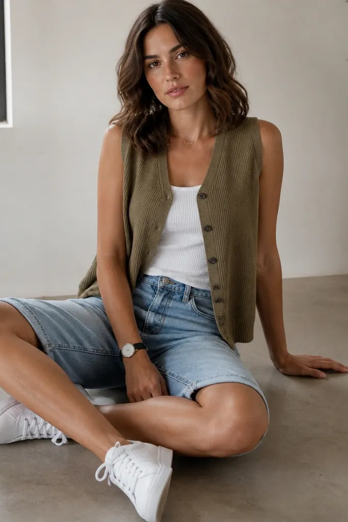 An olive sleeveless cardigan layered over a white ribbed tank top, paired with light wash denim shorts or cropped jeans. The look is casual with white sneakers and a simple watch.