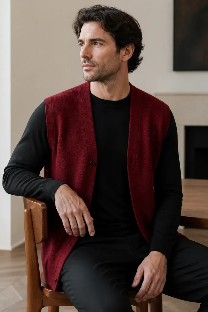 A deep red sleeveless cardigan worn open over a black long-sleeve shirt, paired with black chinos. The image shows the long sleeves peeking at the wrists and the cardigan front framing the chest.
