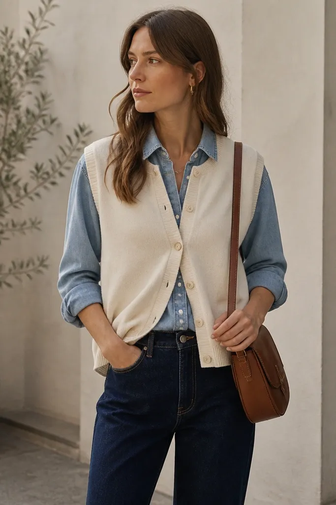 A cream sleeveless cardigan layered over a chambray or light denim button-up. The person wears dark straight-leg jeans and a brown leather crossbody bag.