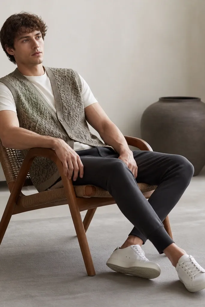 A patterned sleeveless cardigan with a subtle geometric knit over a plain white or black T-shirt. The person wears slim joggers in charcoal and clean sneakers.