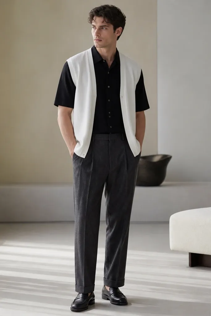 A white sleeveless cardigan worn open over a black short-sleeve button-up or button tee. The outfit pairs with pleated trousers in charcoal and black leather loafers.