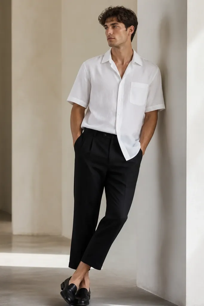 A woman in a black midi skirt with a slight A-line shape. She wears a white half-sleeve button-front shirt tucked neatly, with the buttons closed and a simple gold necklace. Minimalist living room background.