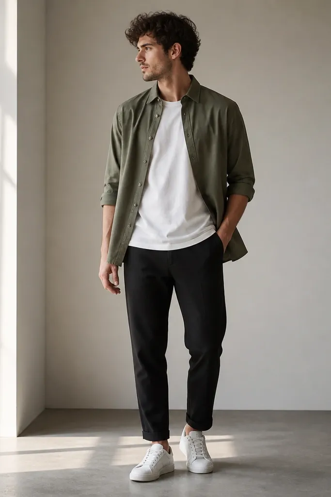 A person wearing a white half-sleeve tee under an olive lightweight overshirt. Black tapered pants and white low-top sneakers. The overshirt is unbuttoned and slightly draped.