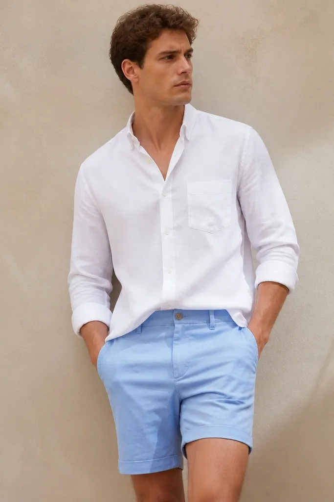 A woman in pastel blue shorts wearing a white half-sleeve shirt. The shirt is tied in a loose side knot at the waist, with a thin belt or ribbon. Light-colored sneakers.