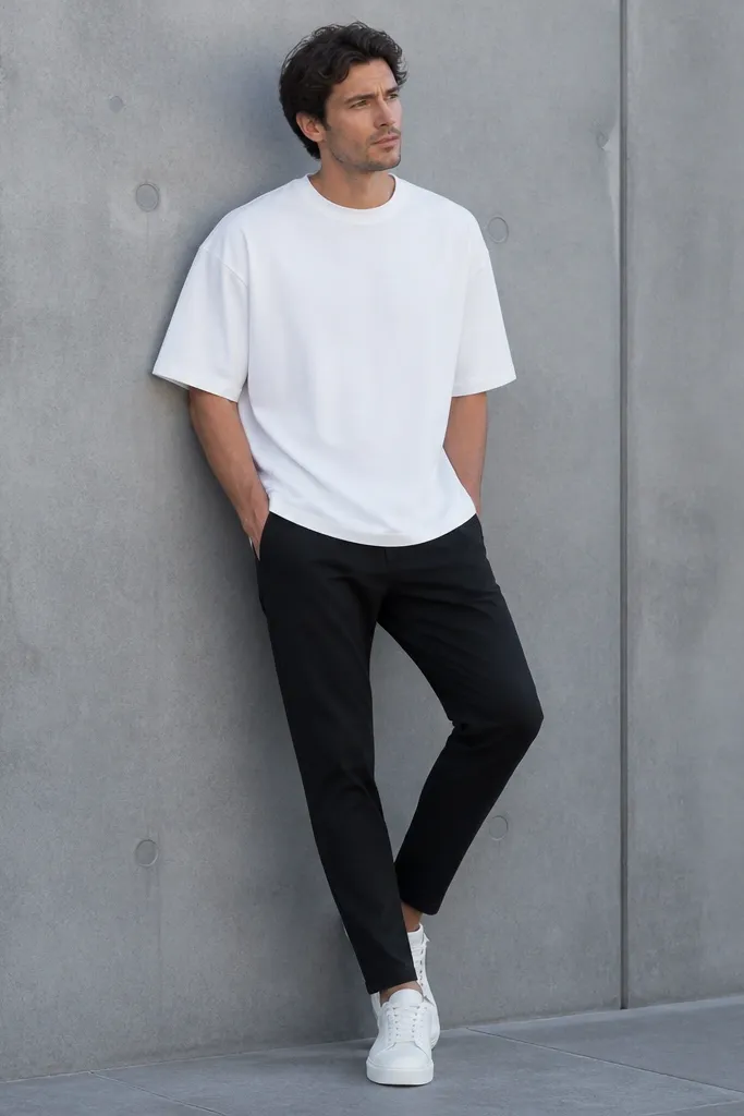 A woman wearing black leggings and a white half-sleeve shirt that has a tunic cut, slightly longer at the back. Simple silver earrings and slip-on flats.