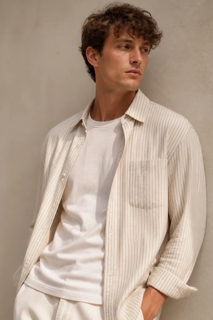A person wearing a cream-and-white striped lightweight overshirt over a plain white half-sleeve. Dark jeans and a brown leather tote. Overshirt sleeves are unrolled and slightly loose.