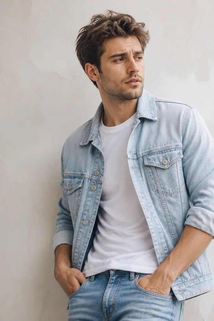 A woman wearing a white half-sleeve shirt with the sleeves down, layered under a light wash denim jacket. Light blue jeans and white sneakers. Outdoor sidewalk background.