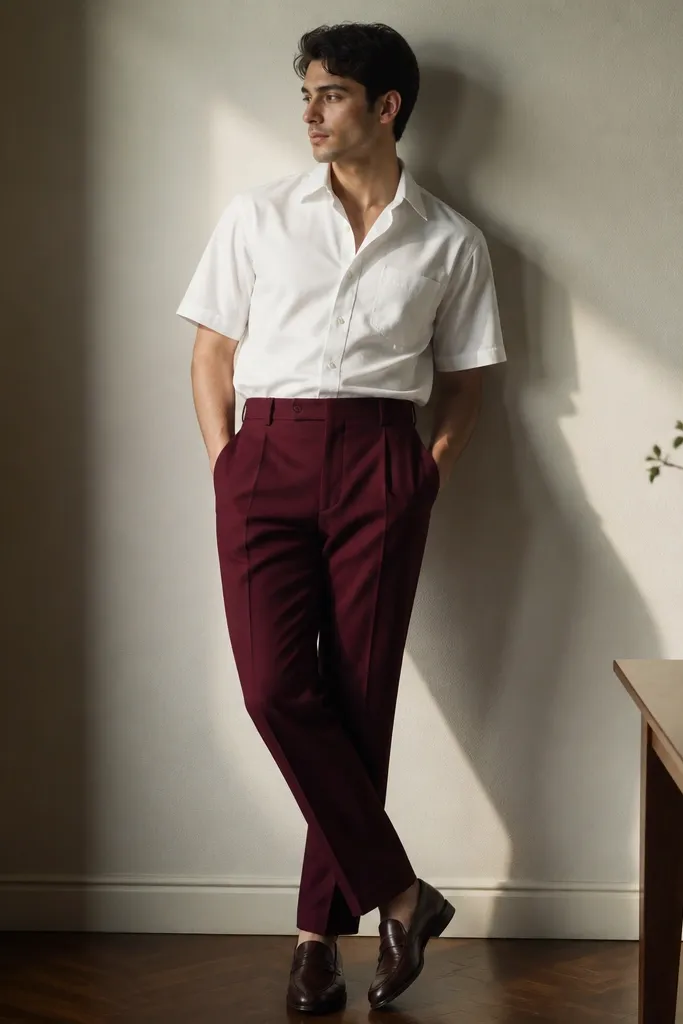 A woman wearing a burgundy A-line skirt that hits mid-calf. A white half-sleeve button shirt is tucked in at the front and sleeves are not rolled. Dark flats and small earrings.