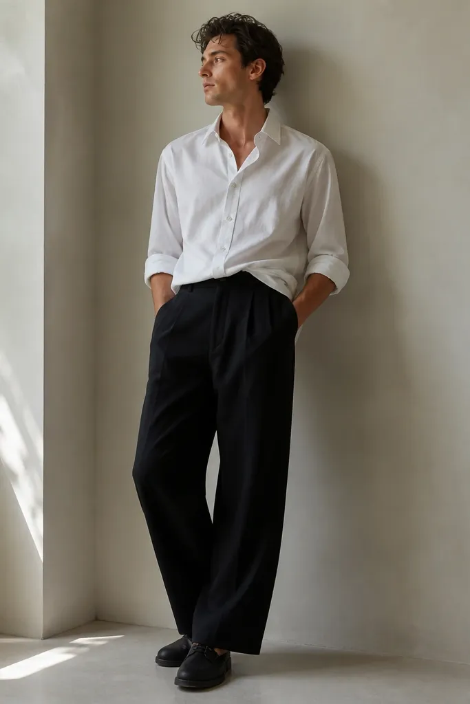 A white button-down shirt is half-tucked into black pleated trousers with a wider leg. The sleeves are rolled to mid-forearm, and the shoes are dark suede derbies.