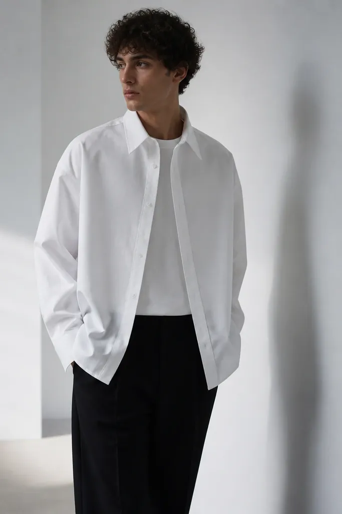 An oversized white shirt is buttoned halfway and worn over black pants, creating a short jacket effect. The sleeves are slightly dropped and the shoes are white low-top sneakers.