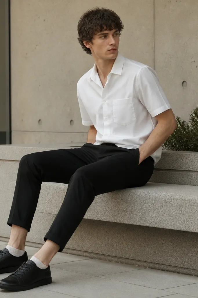 A white short-sleeve button-up is paired with black cropped trousers. The hem is clean and slightly rolled, showing a thin ankle sock. Shoes are black leather sneakers.