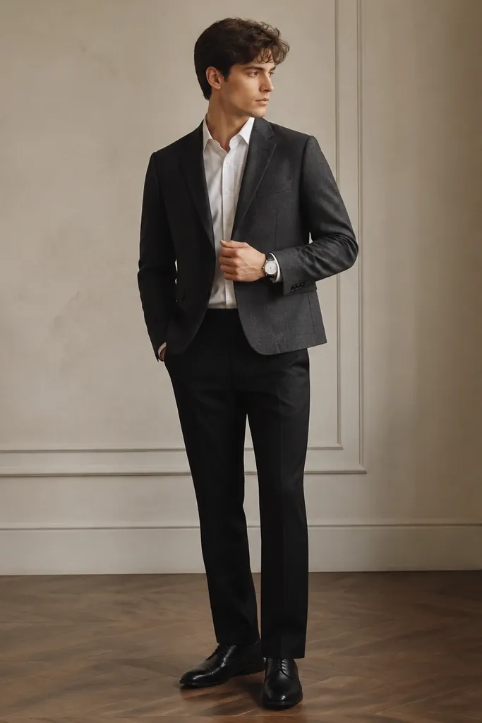 A white dress shirt sits under a charcoal short blazer that ends at the hip. The black pants are straight-leg. The outfit includes black oxford shoes and a silver watch.