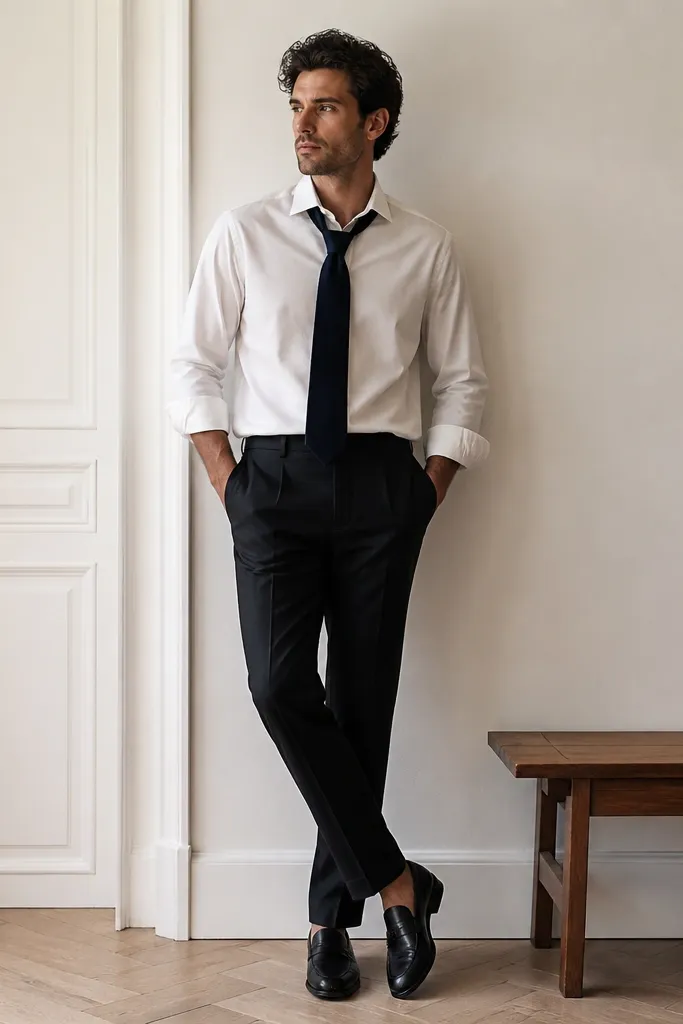 A white shirt is paired with black trousers. A knit tie in dark navy is worn, with the top button undone. The shoes are black loafers.
