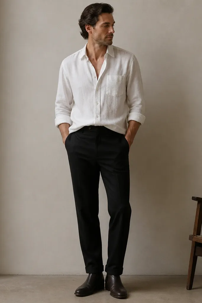 A slightly wrinkled white linen shirt is tucked in at the front only (French tuck). Black straight trousers are worn with dark brown-black leather boots.