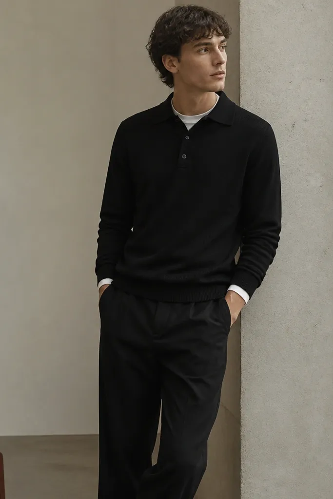 A white undershirt is visible at the collar under a black knit polo layer. The black trousers are straight. The sleeves show a layered cuff look.