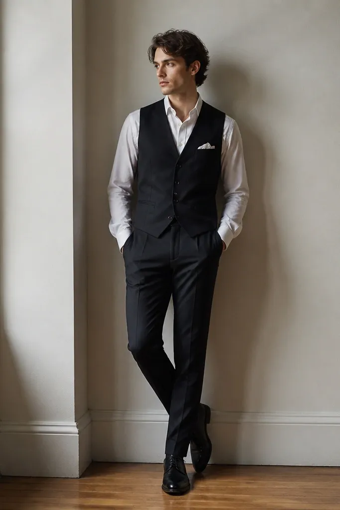 A tailored black waistcoat sits over a white shirt, with black trousers underneath. The outfit includes a pocket square in white and black shoes.