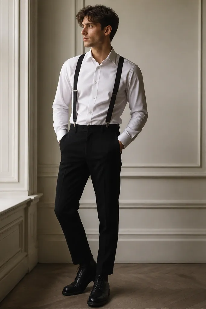 A white shirt is worn with black suspenders over black trousers. The shirt is buttoned, no tie. Shoes are black derby boots.