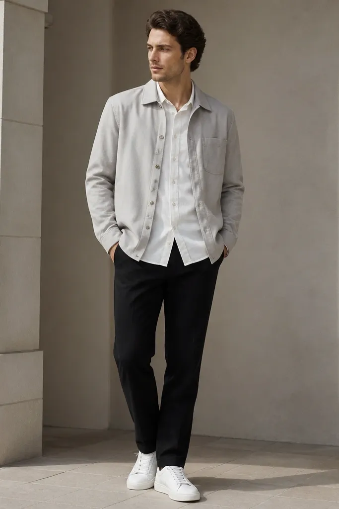 A light gray overshirt is layered over a white shirt and worn with black straight trousers. The overshirt sleeves are down, and the shoes are white leather sneakers.