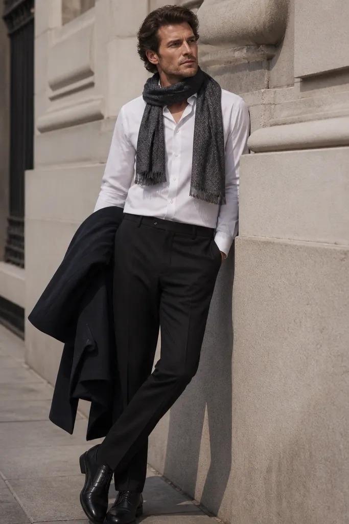 A white shirt is worn with black trousers and a dark patterned scarf wrapped around the neck. A dark overcoat is partially visible, and shoes are black leather.