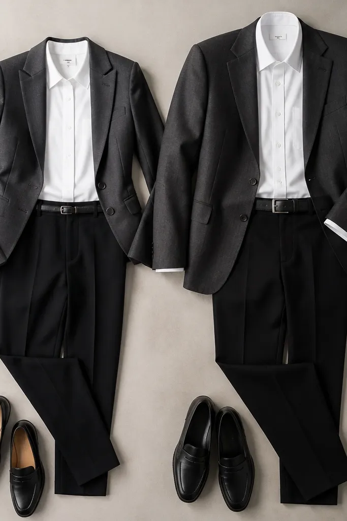 A women's and men's styling example flat-lay: charcoal blazer with structured shoulders, white button-down shirt, black tailored trousers, thin black belt, and black leather loafers. The white shirt front is neatly tucked with visible crease lines along the placket.