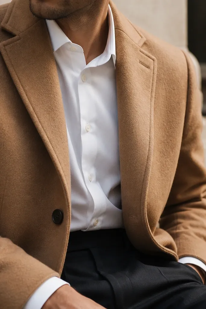 A close-up of a camel overcoat over a white dress shirt and dark trousers. The overcoat has a notched lapel, the shirt collar sits under it neatly, and the cuffs show a small amount above the coat sleeve.