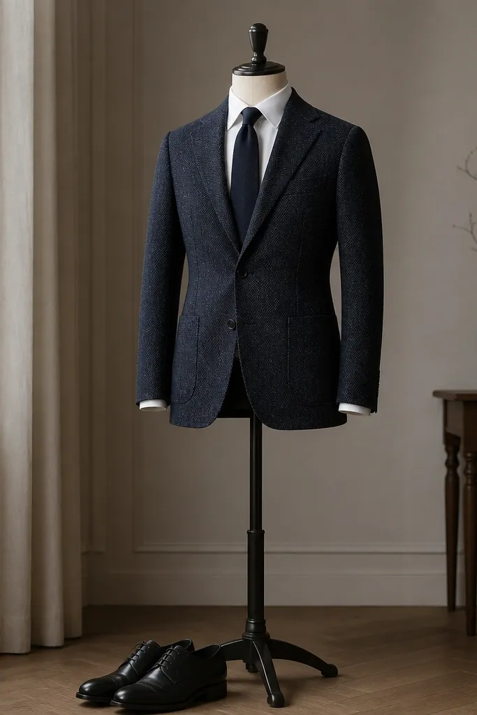A formal look on a mannequin: white dress shirt, midnight blue tie, and a blazer with visible subtle texture (herringbone or micro tweed). Black leather derbies sit underneath.