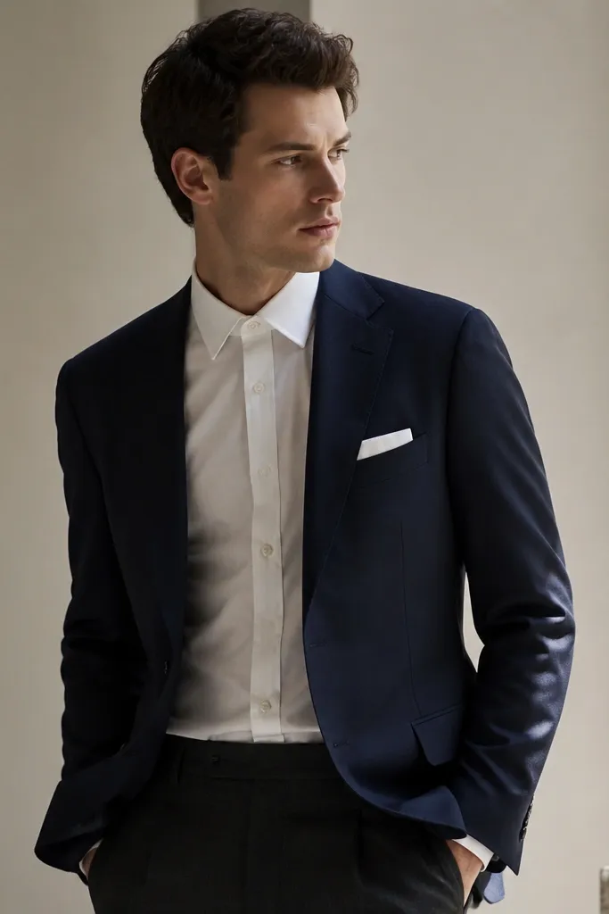 A navy blazer with a crisp white pocket square folded in a straight rectangle, a white dress shirt worn with the top button fastened, and dark trousers. The outfit is styled without a tie.
