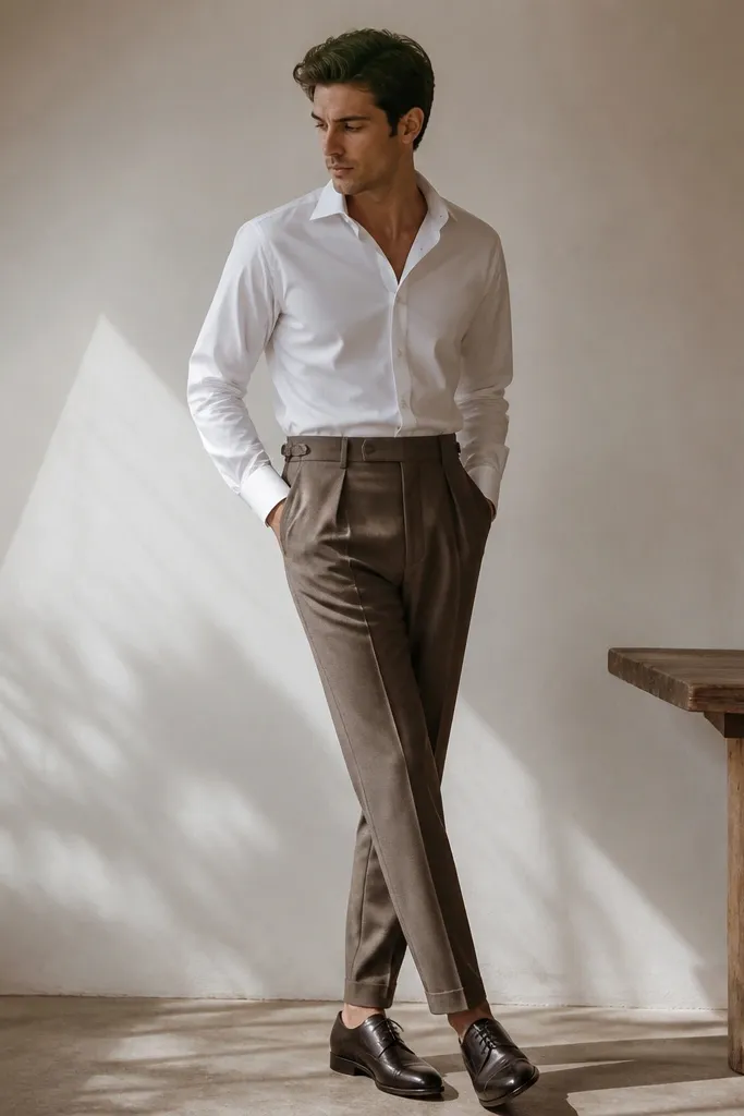 A women's outfit: fitted white button-down shirt tucked into high-waist charcoal trousers, a slim black belt, and a structured blazer draped open. The shirt hem is straight and the waistband line is crisp.