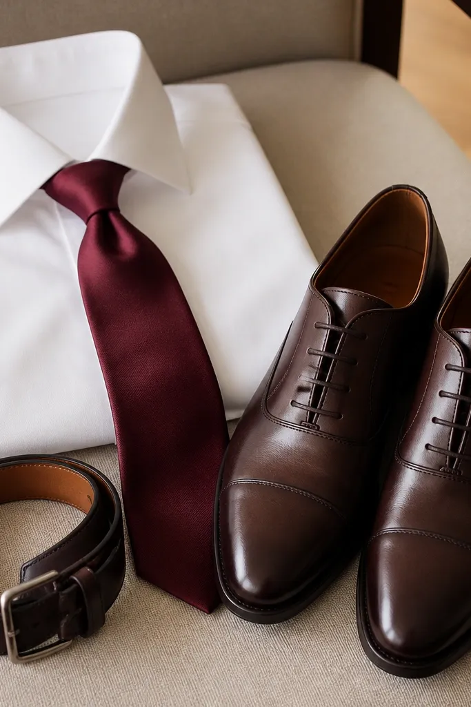 A close styling shot: white dress shirt, burgundy silk tie, and dark espresso-brown leather shoes with a clean shine. The belt matches the shoe color.