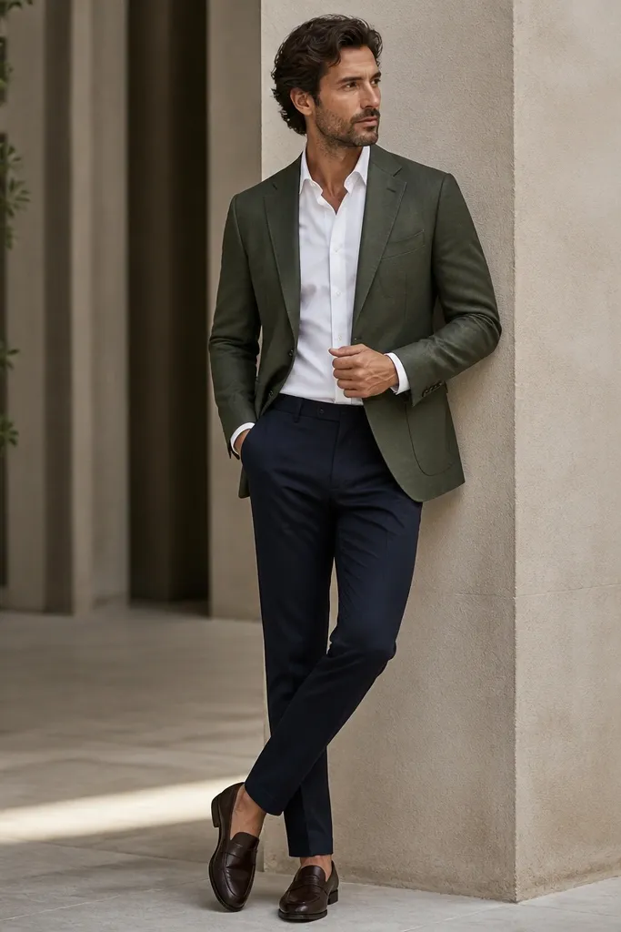 A modern men's outfit: white shirt under an olive blazer, navy trousers, and dark brown leather loafers. The white shirt is crisp with a clean placket and sleeve cuffs sitting just right.